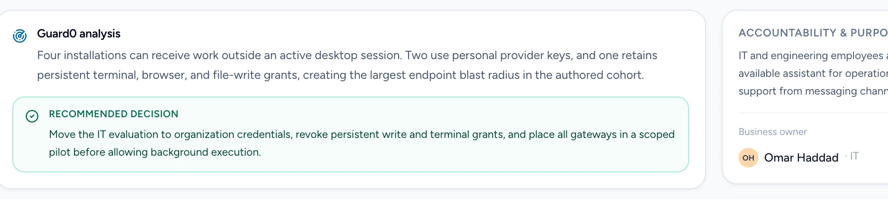Guard0 analysis and recommended decision for OpenClaw Gateway, with Omar Haddad as business owner.