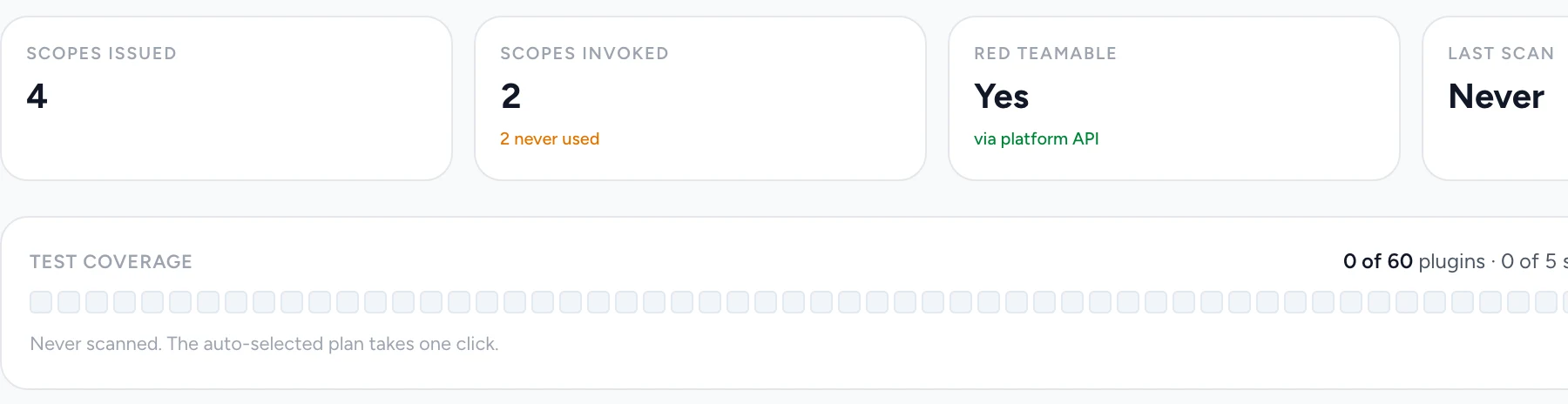 quote-approval-helper: four scopes issued, two invoked, red-teamable through the platform API, never scanned; the auto-selected test plan takes one click.